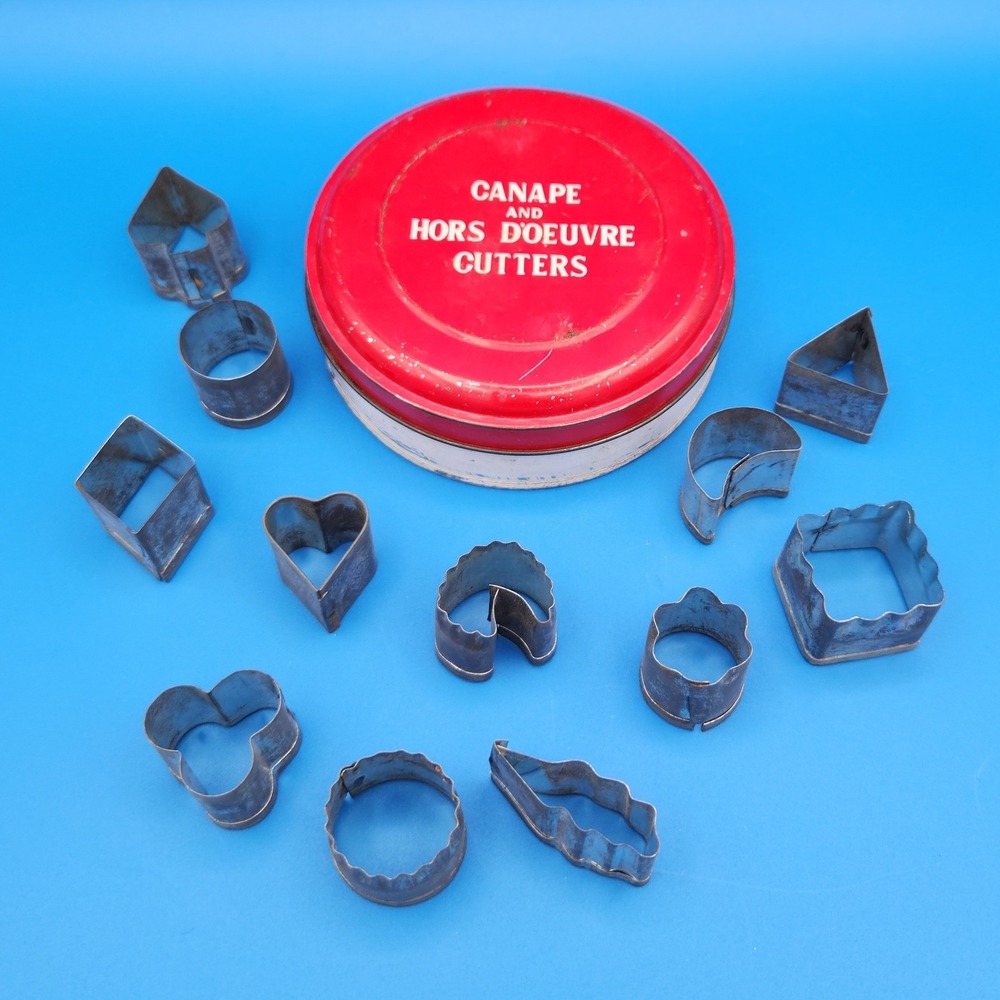 Vintage Twelve Metal Cookie Canape Hors D'oeuvre Cutters w/ Nesting Container